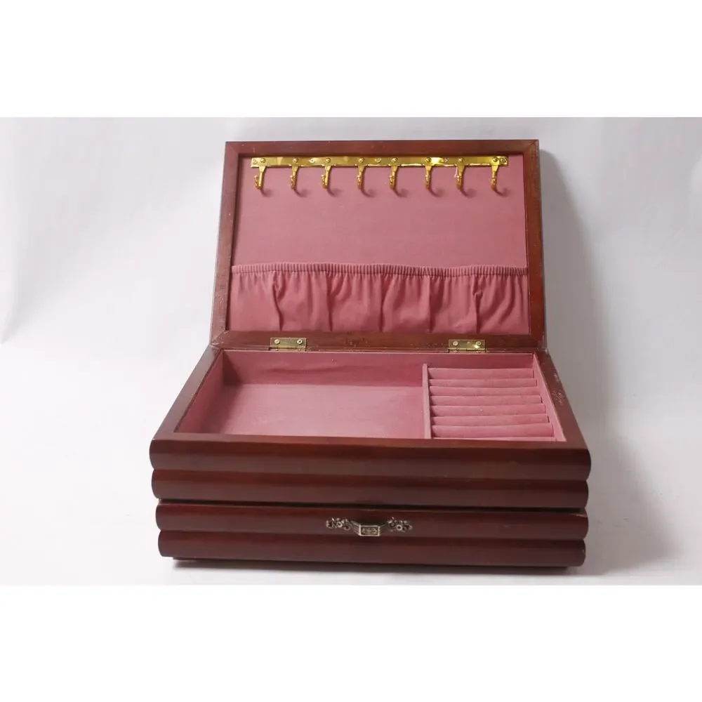 1990s Floral Vintage Wooden Jewelry Box with Drawer and Hangers and Tapestry To
